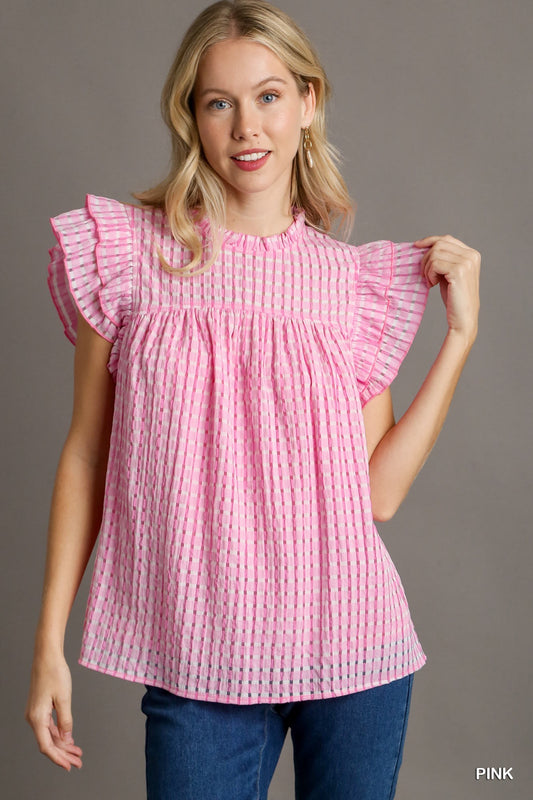 Seersucker Ruffle Neck Boxy Top