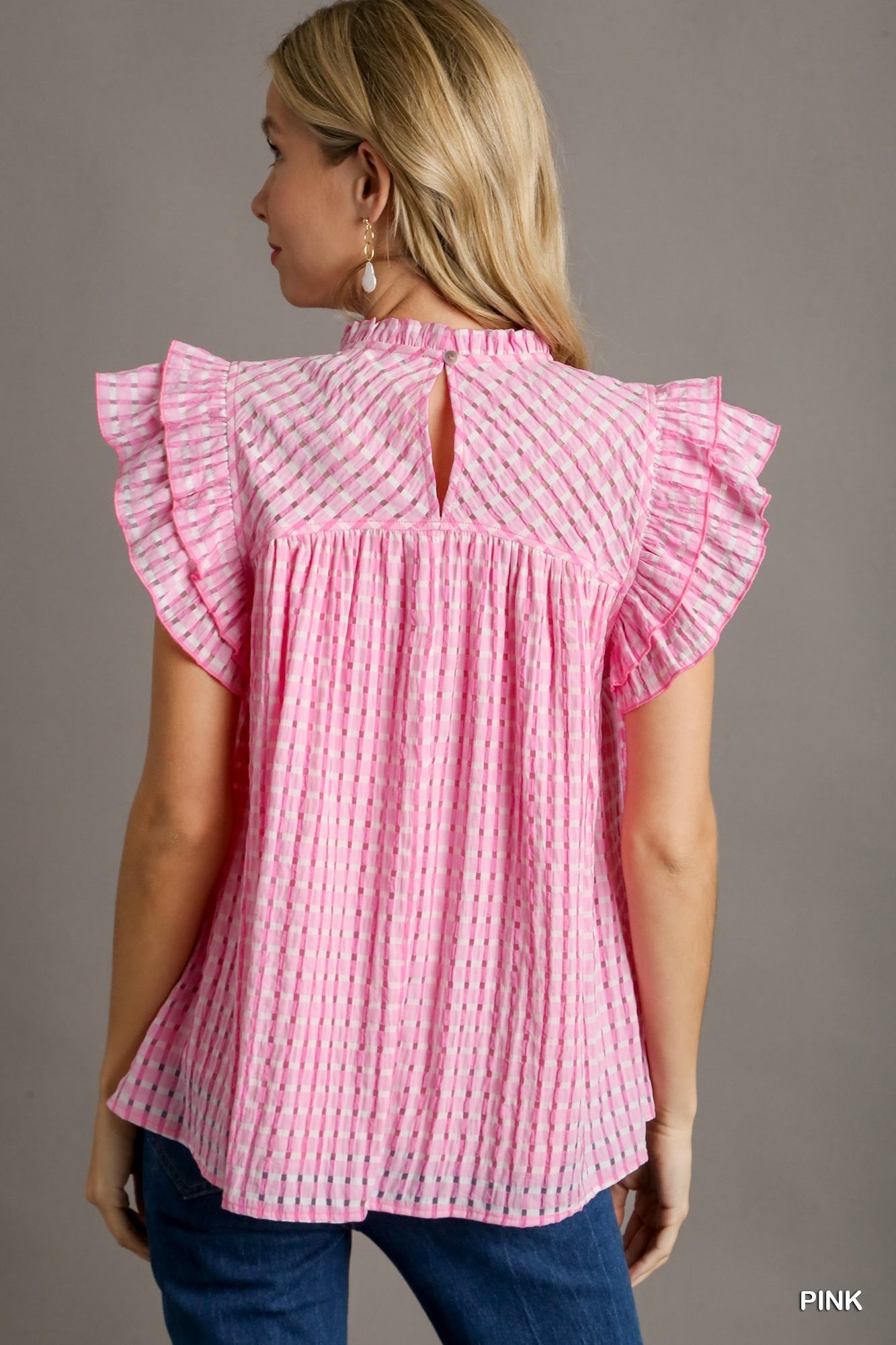 Seersucker Ruffle Neck Boxy Top