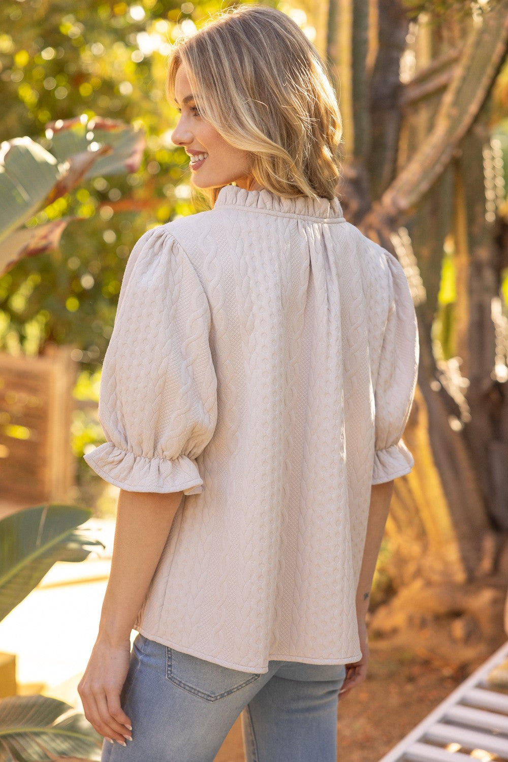 Deep V Ruffle Neck Textured Top