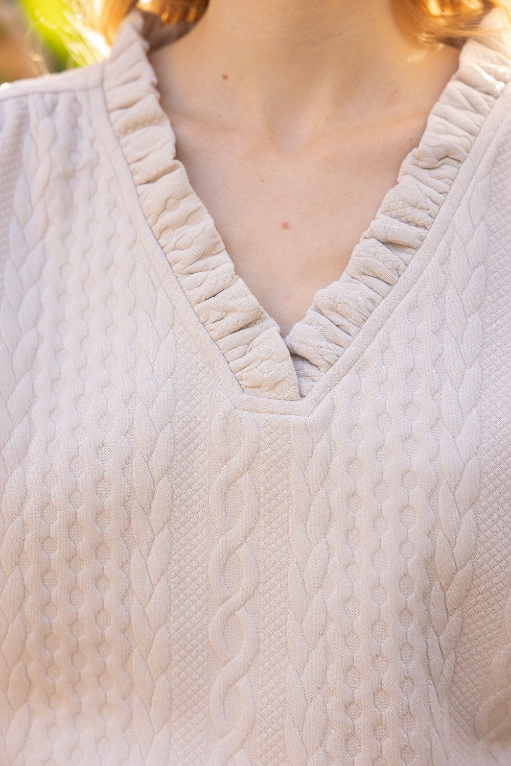 Deep V Ruffle Neck Textured Top