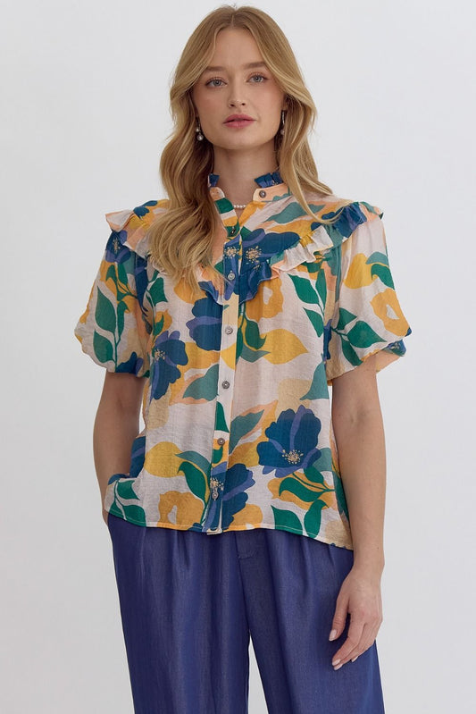 Floral Button Down Bubble Sleeve Top