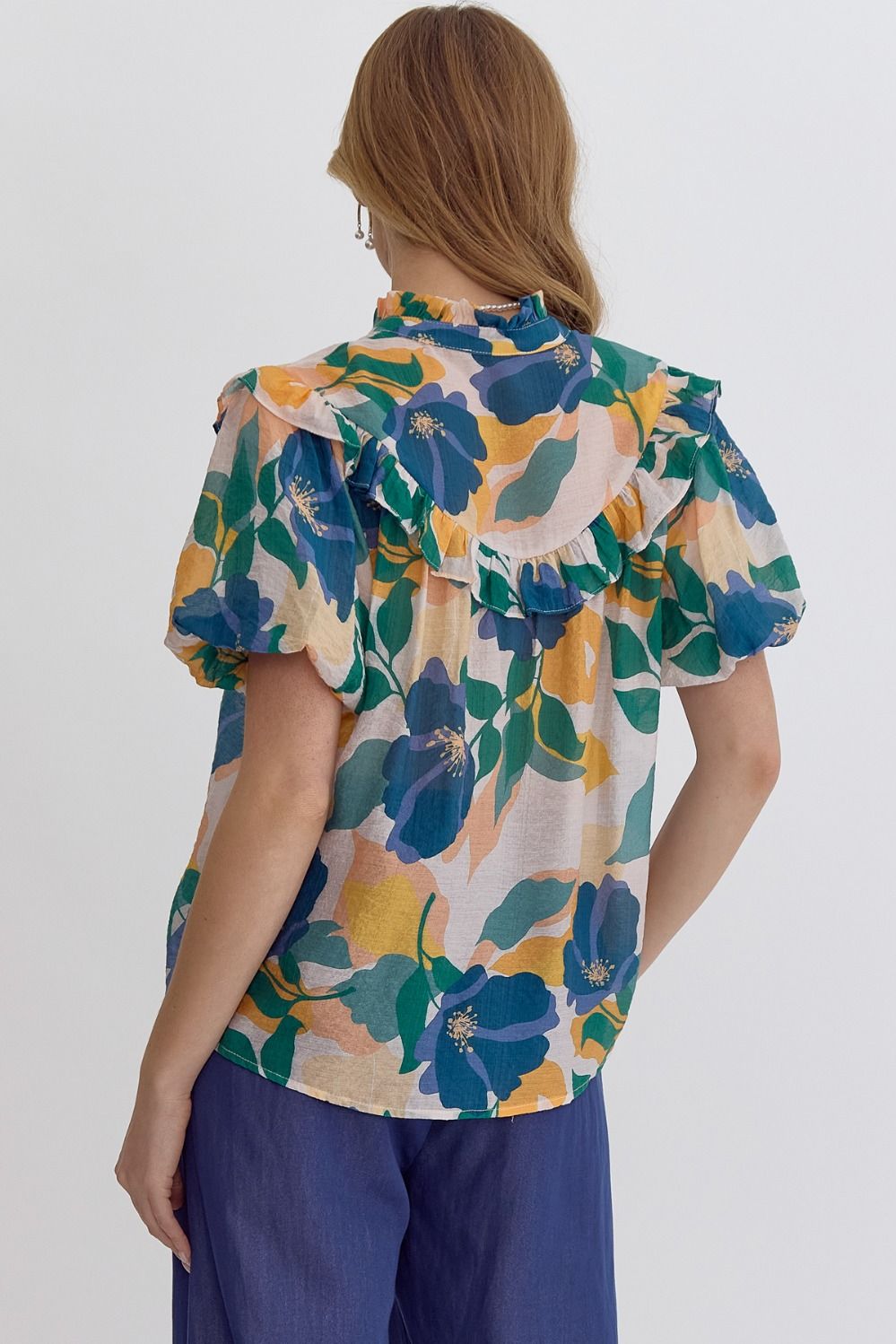Floral Button Down Bubble Sleeve Top