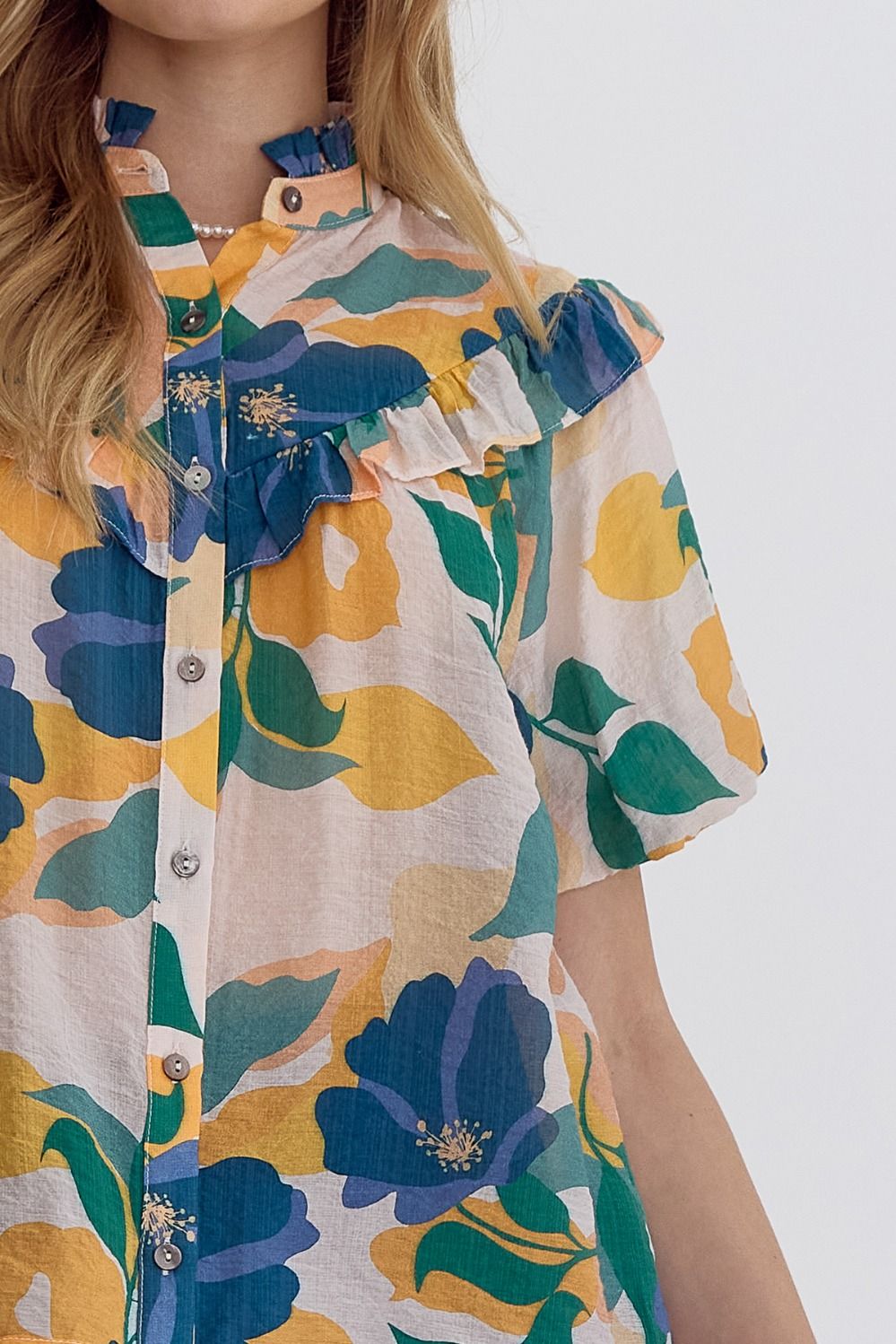Floral Button Down Bubble Sleeve Top