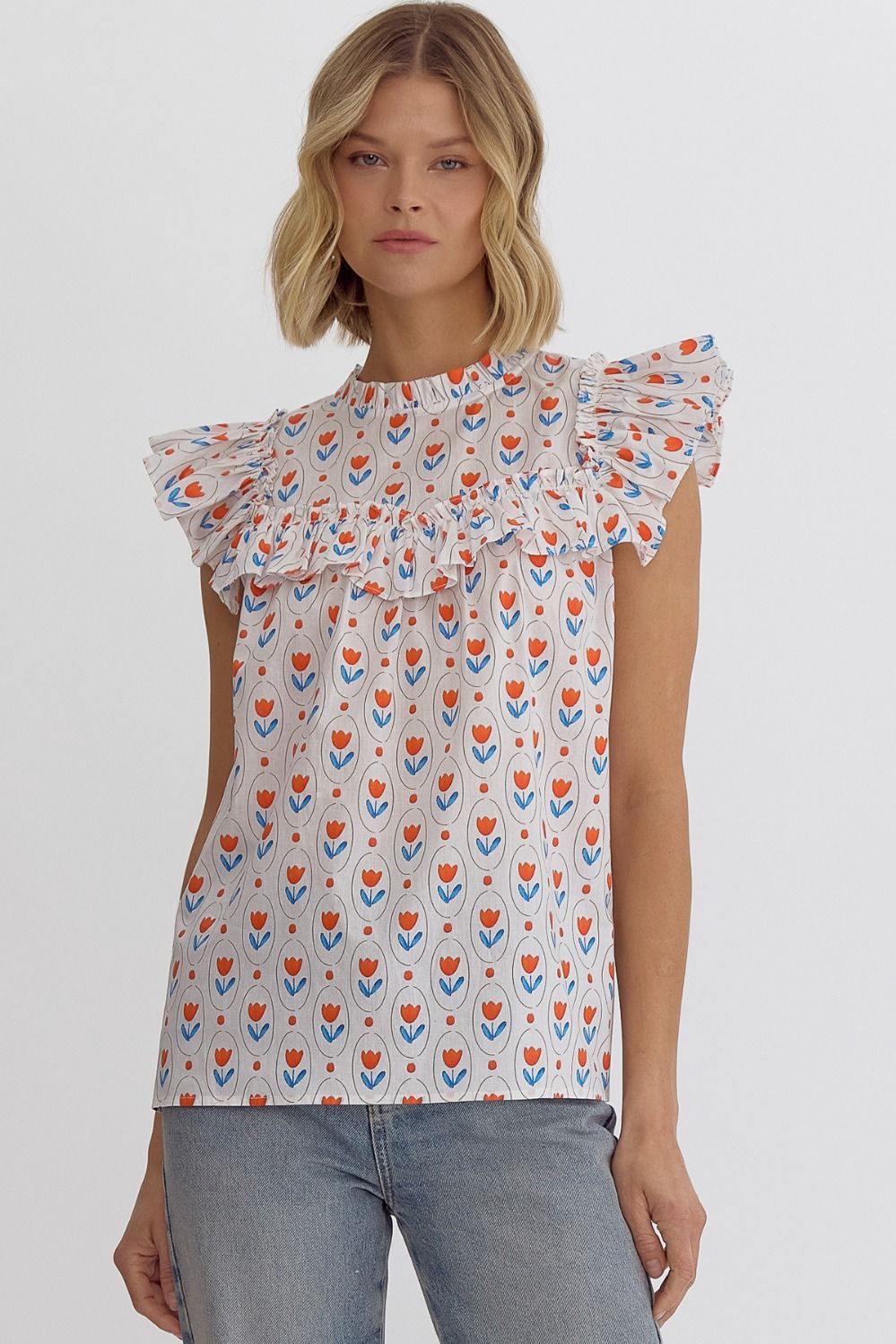 Printed Ruffled Sleeveless Top