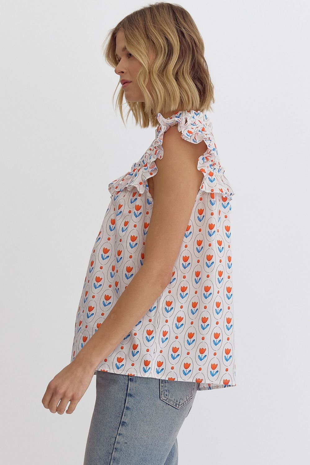 Printed Ruffled Sleeveless Top