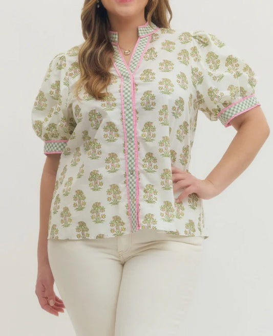 Green and Pink Checkered Floral Blouse