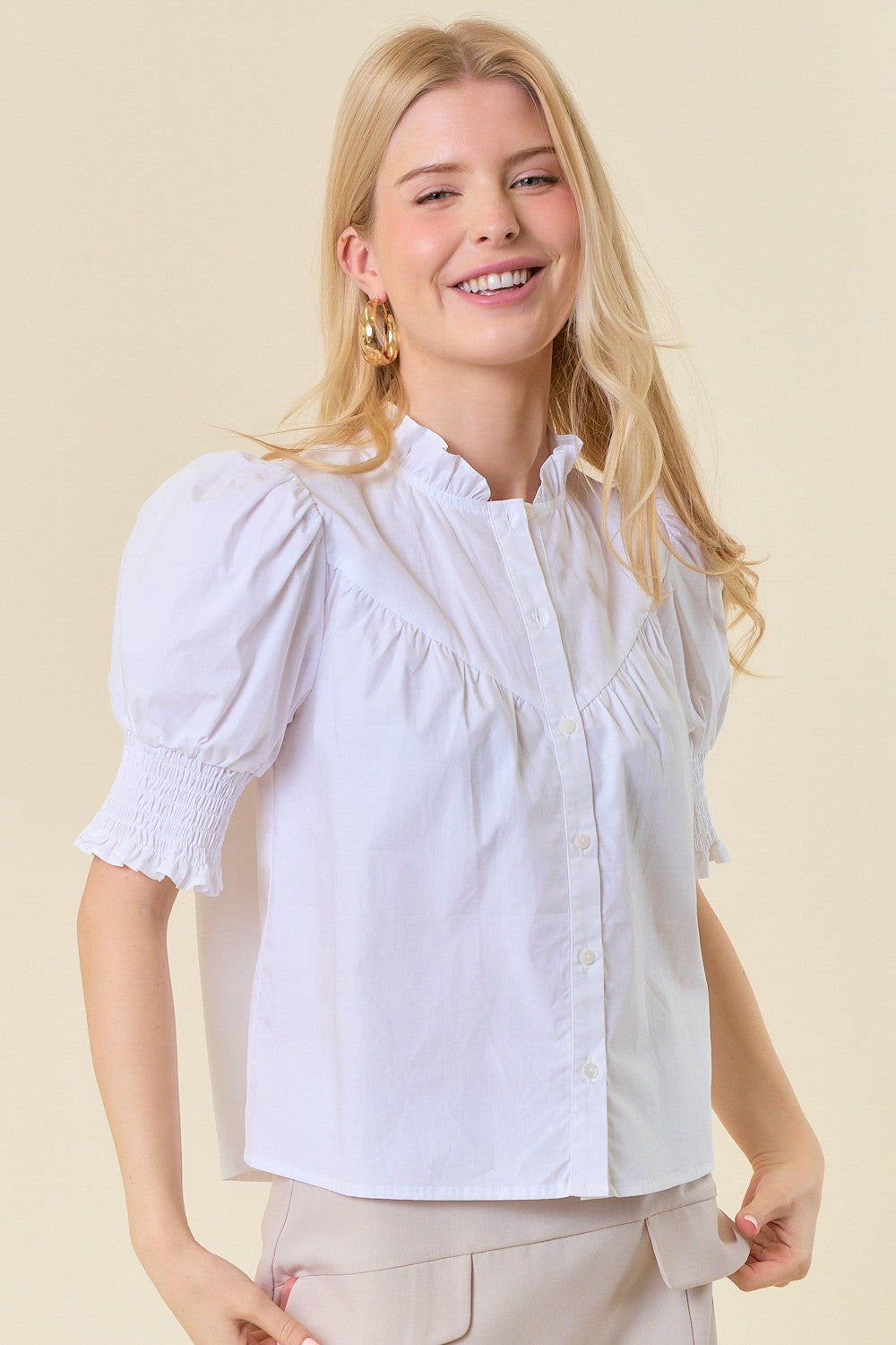 Poplin Puff Sleeve Button Down Top