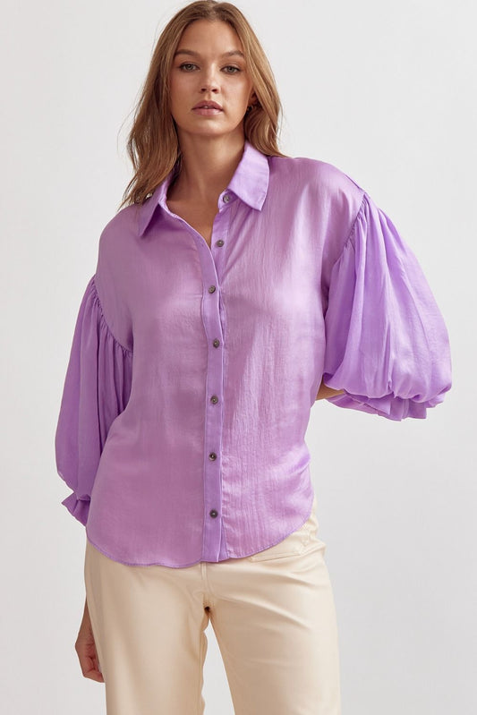 Satin Bubble Sleeve Button Down