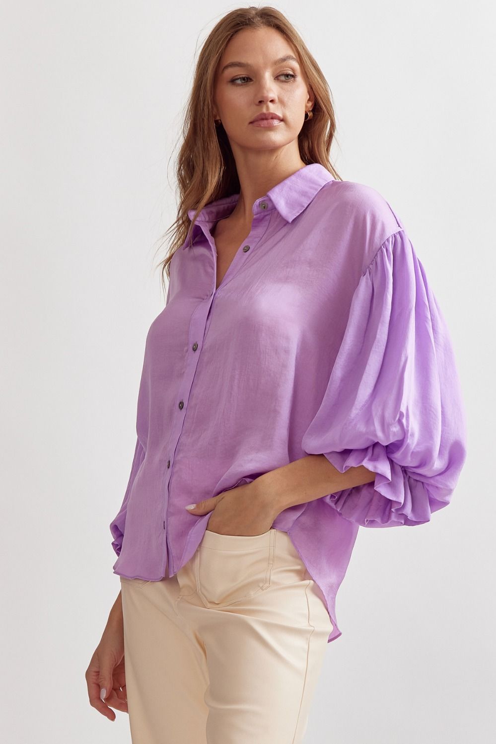 Satin Bubble Sleeve Button Down