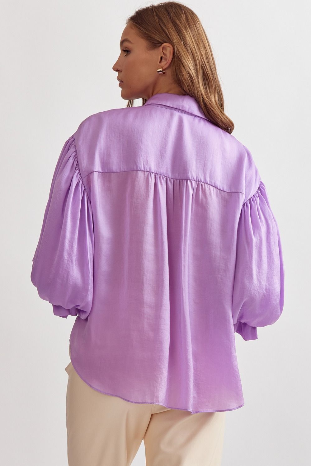 Satin Bubble Sleeve Button Down