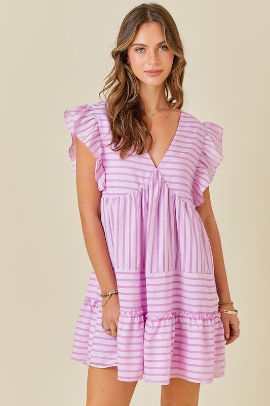 Striped Ruffle Sleeve Tiered Dress