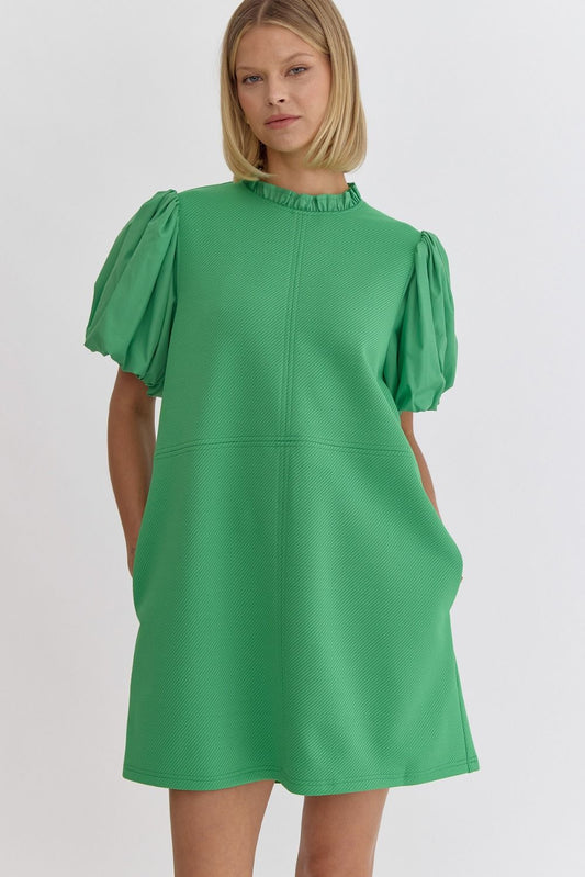 Puff Sleeve Ruffle Neck Dress