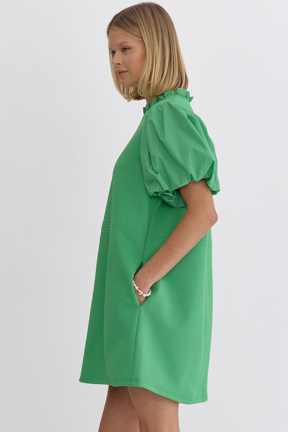 Puff Sleeve Ruffle Neck Dress