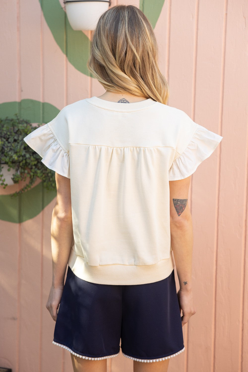 Contrast Bow Ruffle Sleeve Top