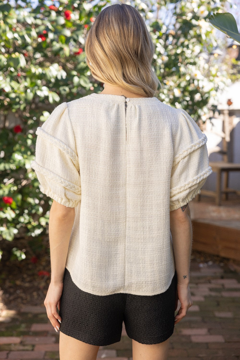 Braid Detailed Puff Sleeve Tweed Top