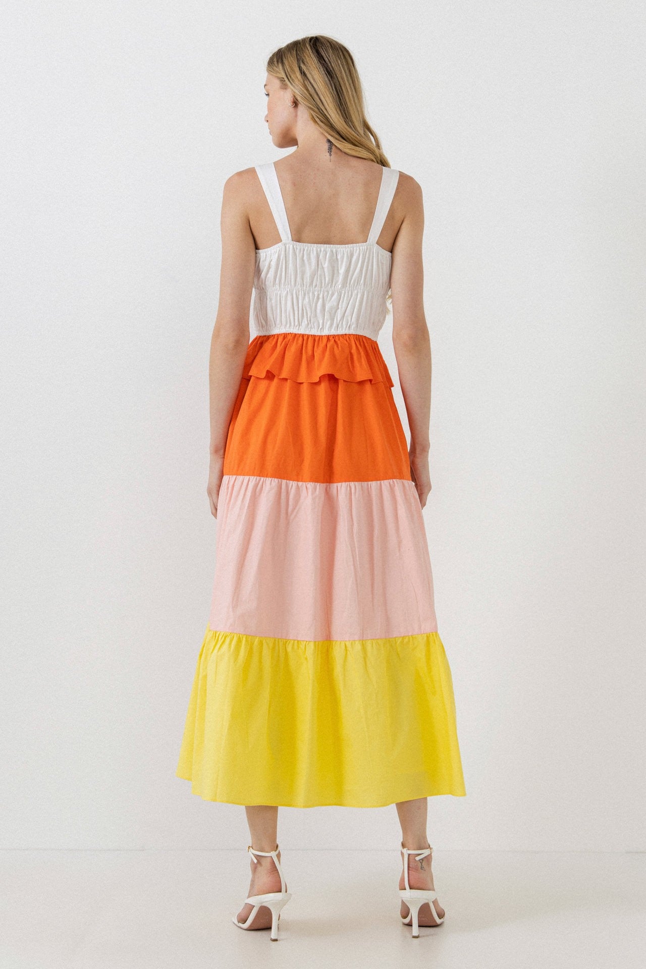 Color Block Tie Detail Shirring Dress