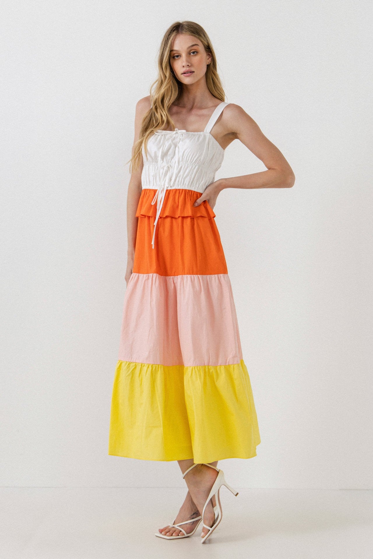 Color Block Tie Detail Shirring Dress