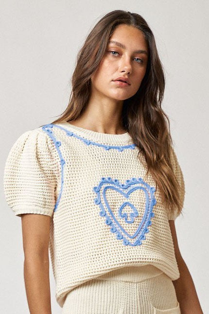 Puff Sleeve Sweater with Heart Detail