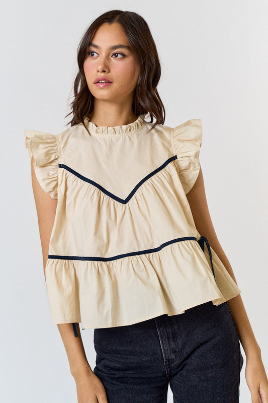 Ruffle Neck Top With Contrast Detail
