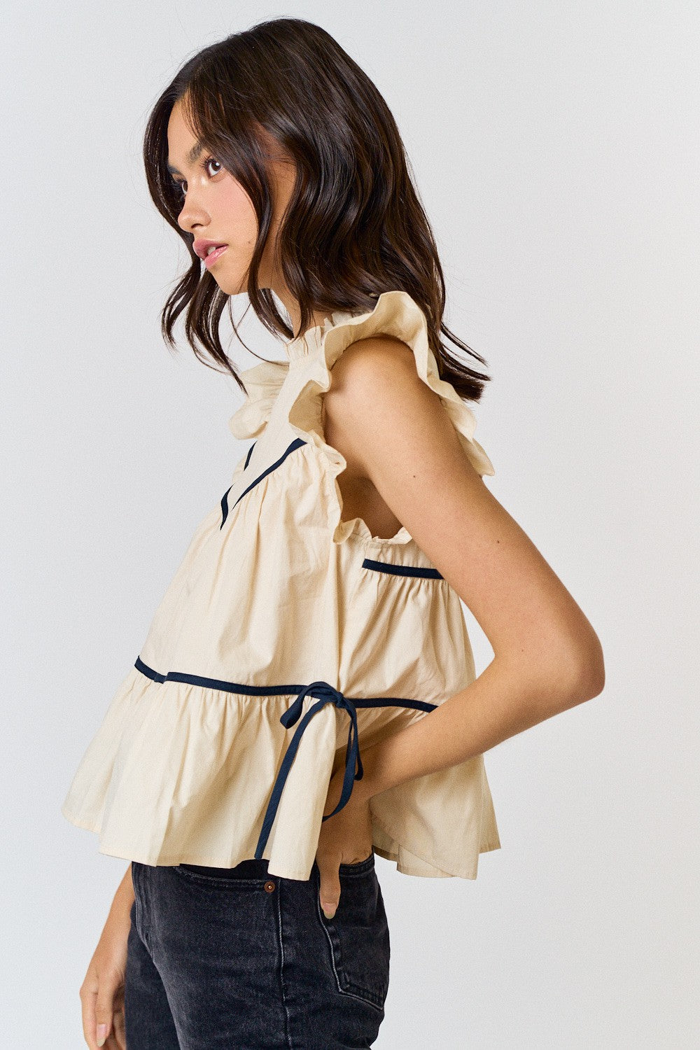 Ruffle Neck Top With Contrast Detail