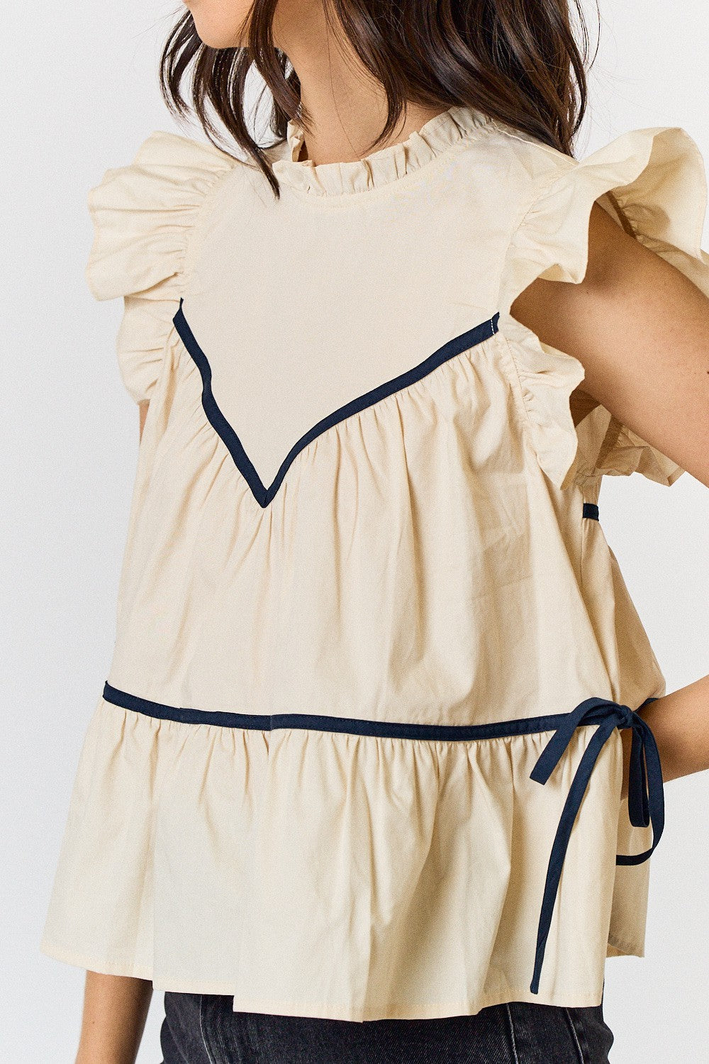 Ruffle Neck Top With Contrast Detail