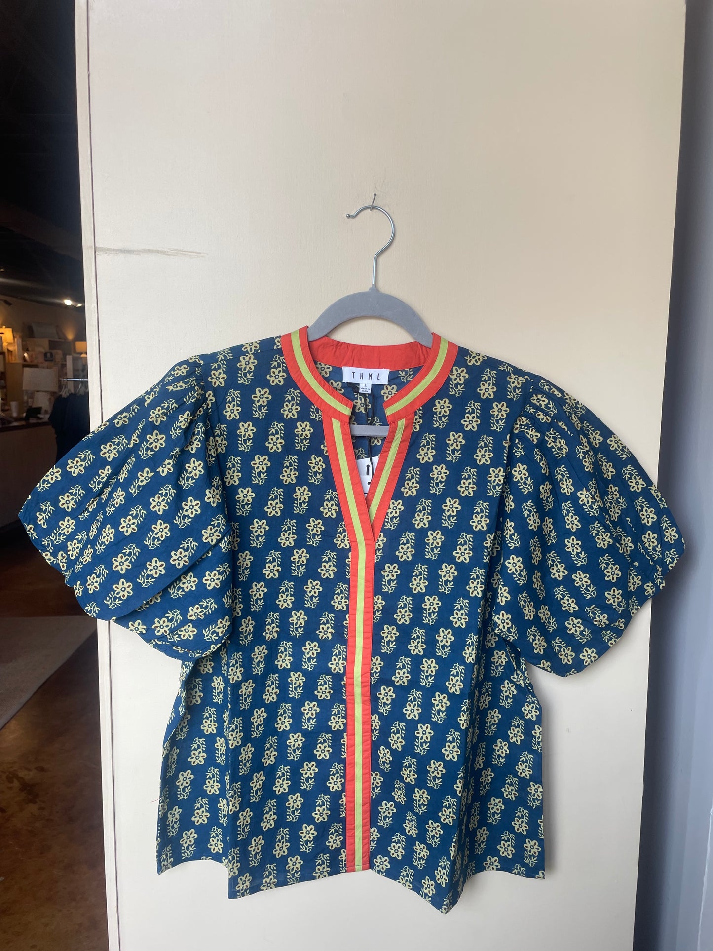Puff Sleeve Floral Detail V-Neck