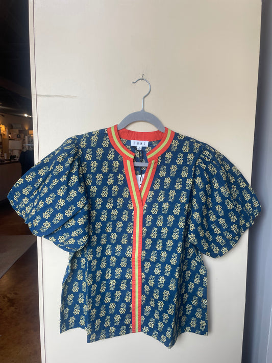 Puff Sleeve Floral Detail V-Neck