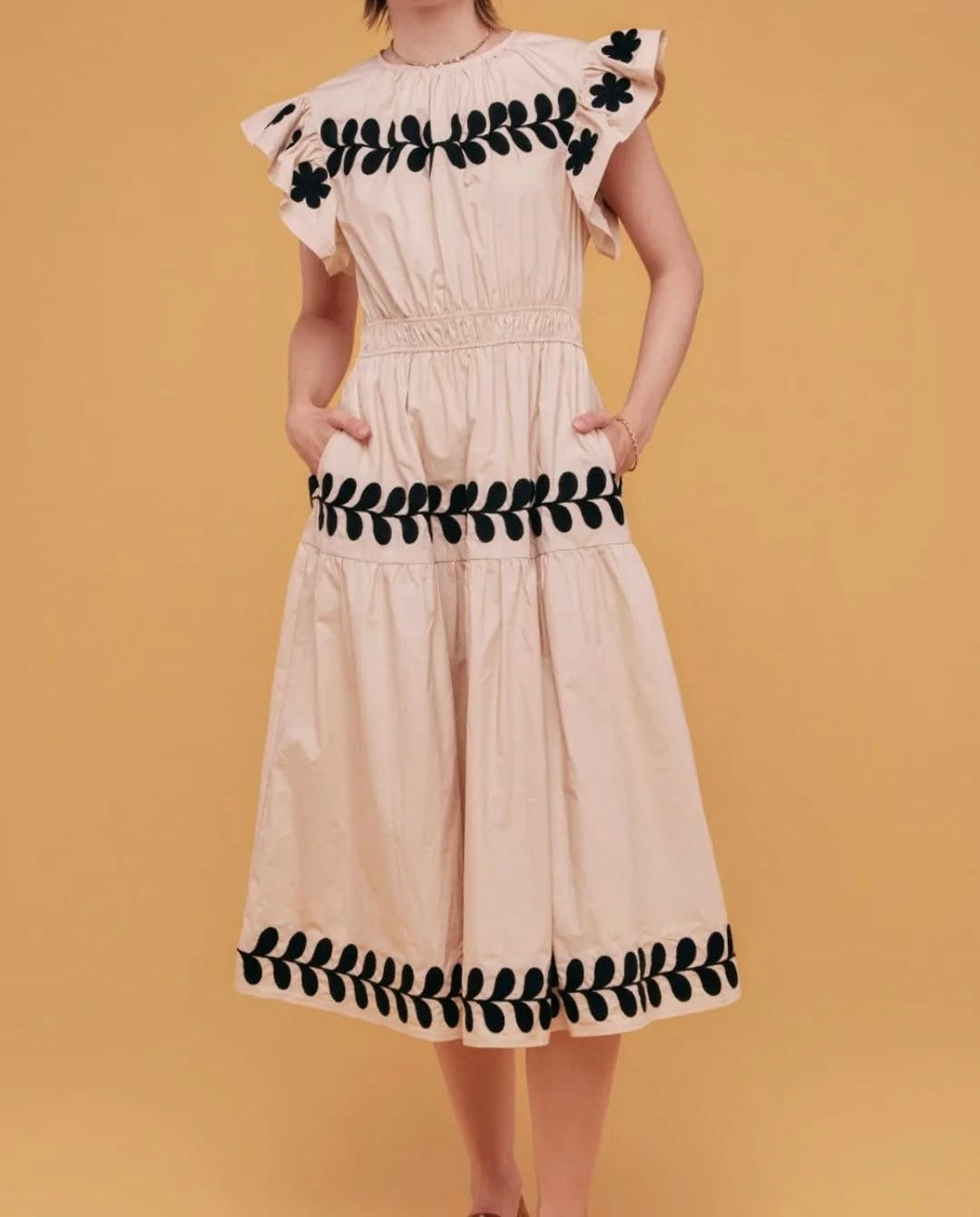 Tan Embroidered Flutter Sleeve Midi Dress