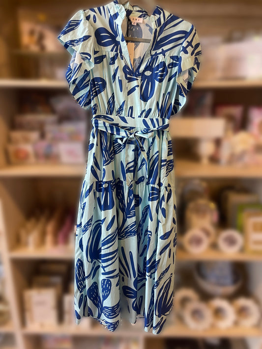 Leaf Print Blue Midi Dress