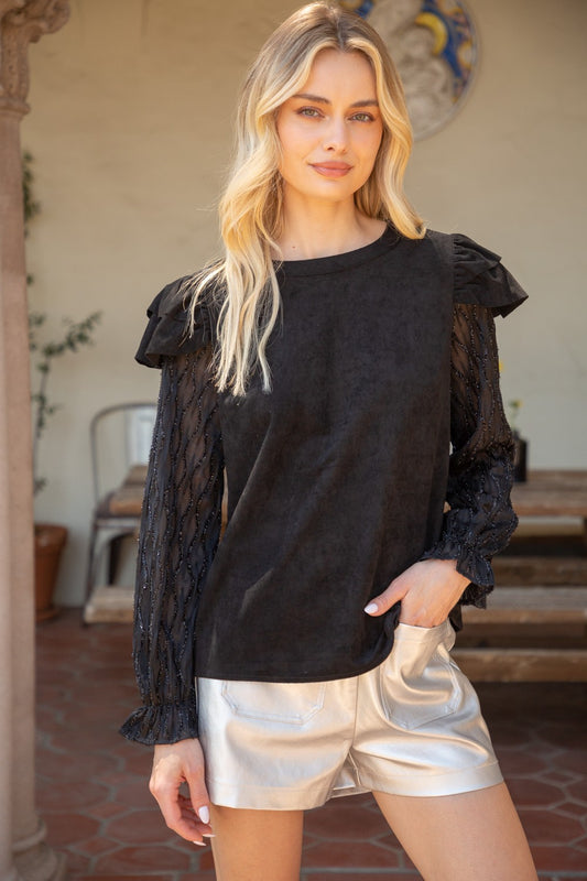 Lurex Detailed LS Suede Top