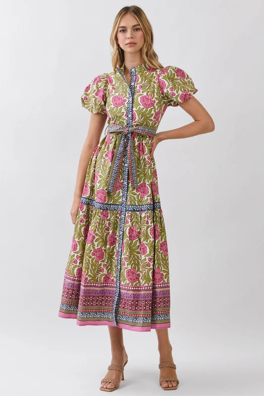 Pattern Button Tie Dress