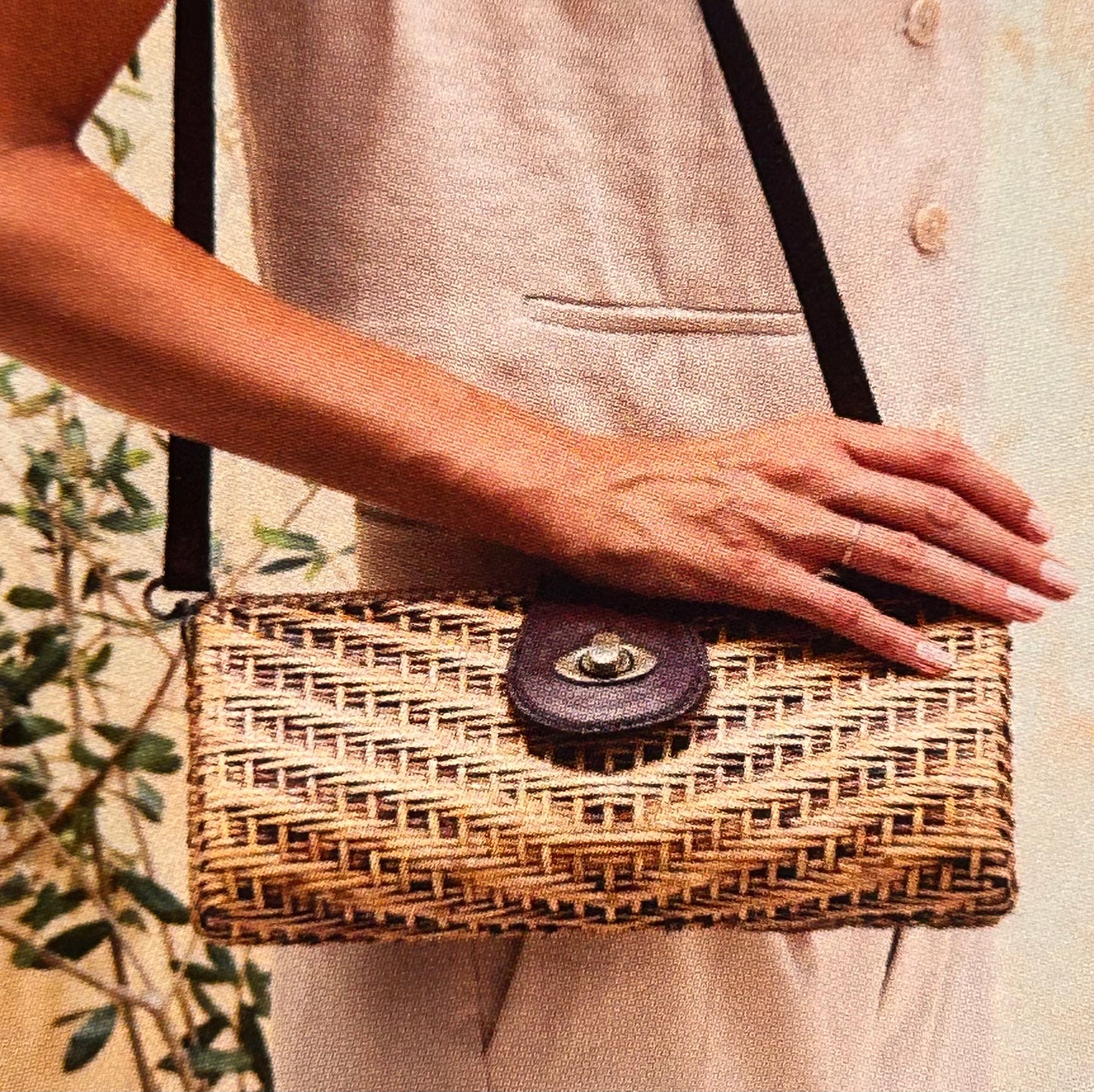 Rattan Cane Convertible Clutch, detachable chain