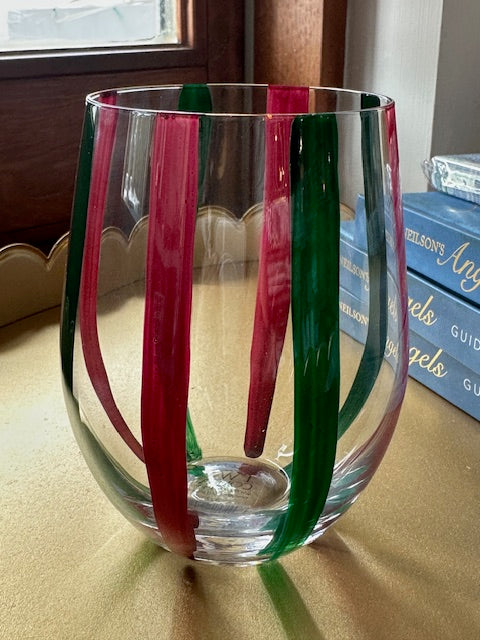 Red & Green Stripe Stemless Wine Glass