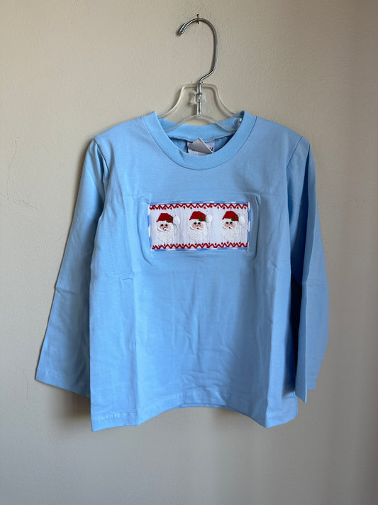 Blue knit LS smocked Santa shirt