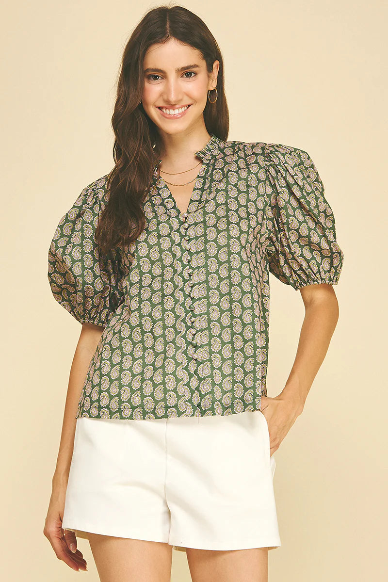 Paisley Print V-Neck Puff Sleeve Blouse