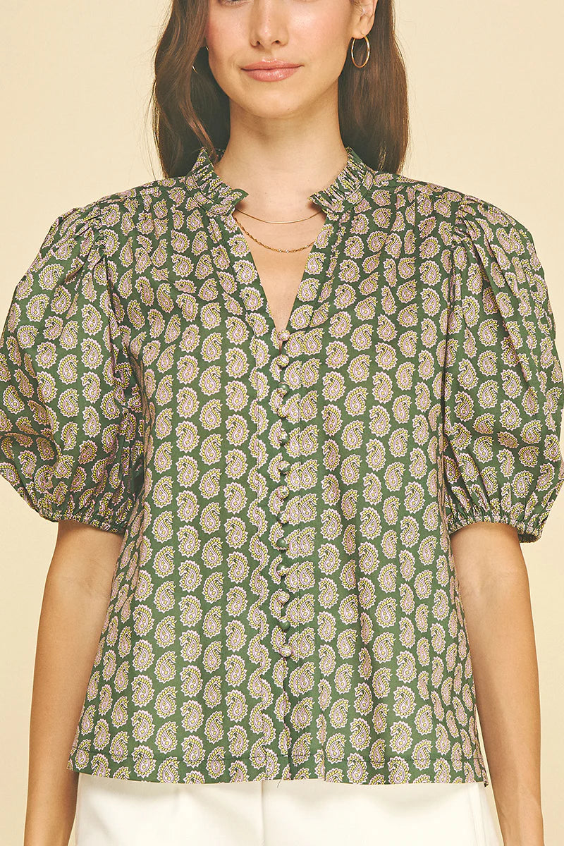 Paisley Print V-Neck Puff Sleeve Blouse