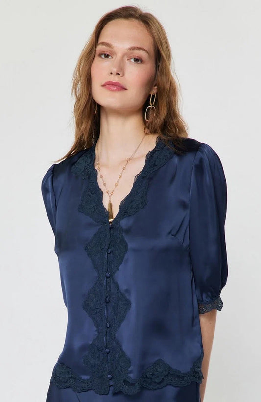 Navy Lace Satin Blouse