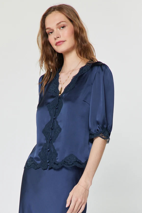 Navy Lace Satin Blouse