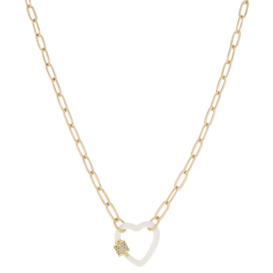 White Enamel Dipped Heart Carabiner w/ Crystal Pave Latch Necklace