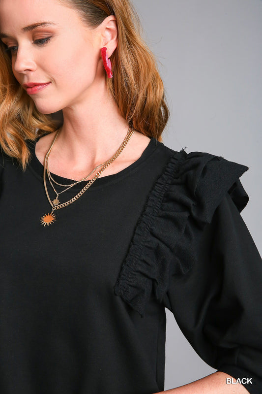 French Terry Top With Ruffle Sleeve