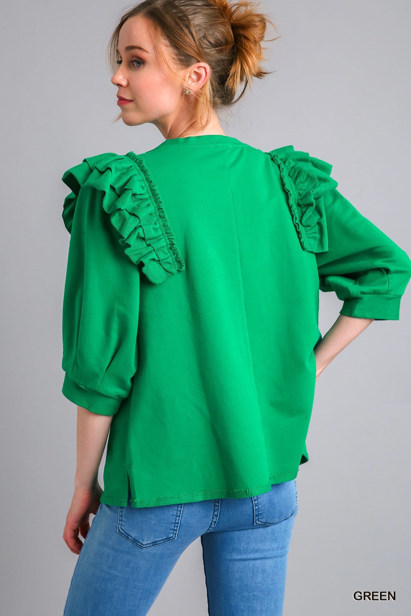 French Terry Top With Ruffle Sleeve