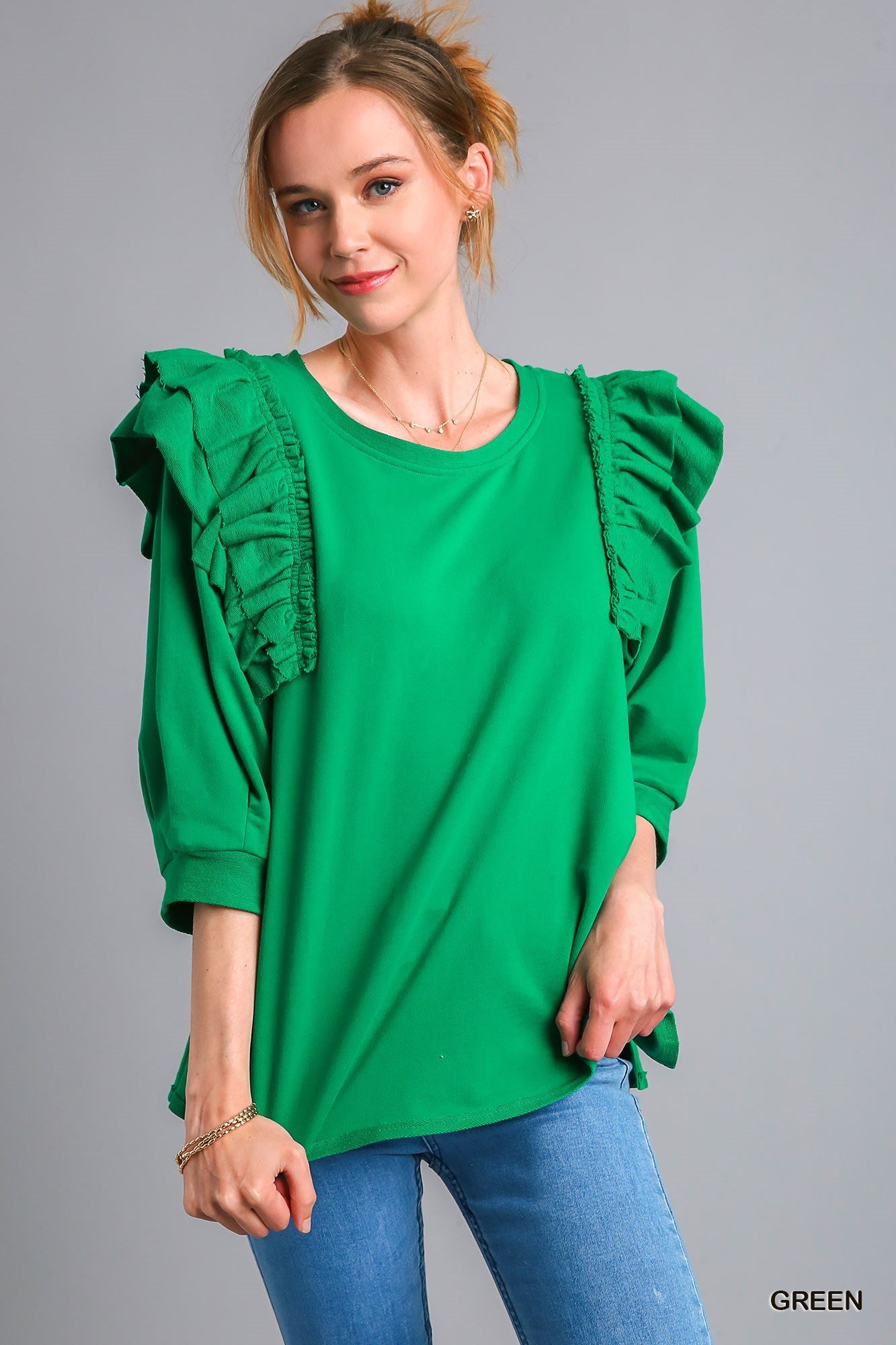 French Terry Top With Ruffle Sleeve