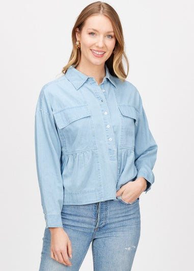 Denim Utility Pocket Ruffled Bottom Blouse