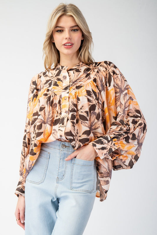 Printed Pinecone Bubble Sleeve Top