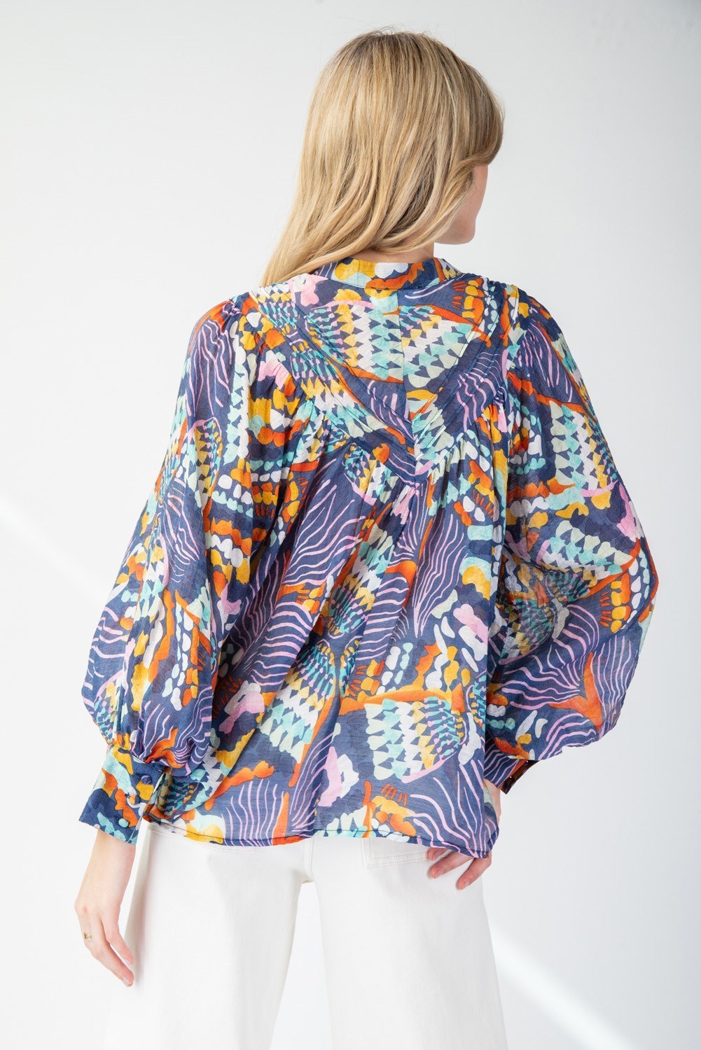 Printed Navy Bubble Sleeve Top