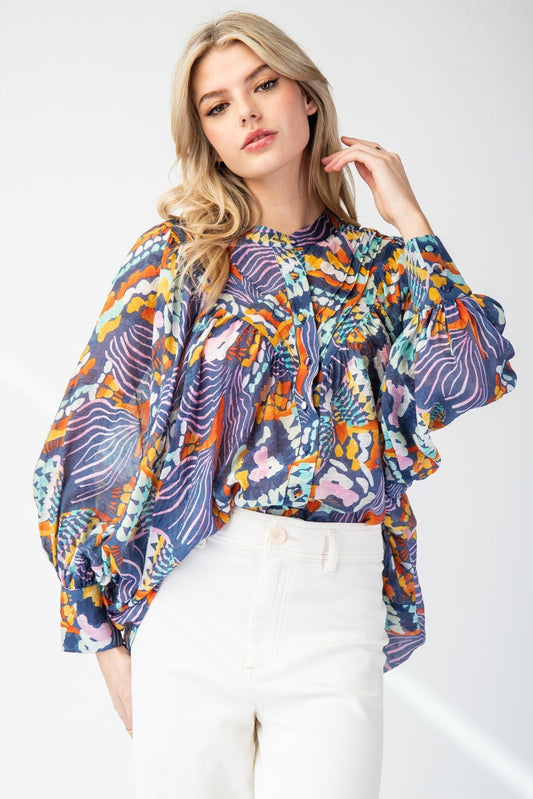 Printed Navy Bubble Sleeve Top