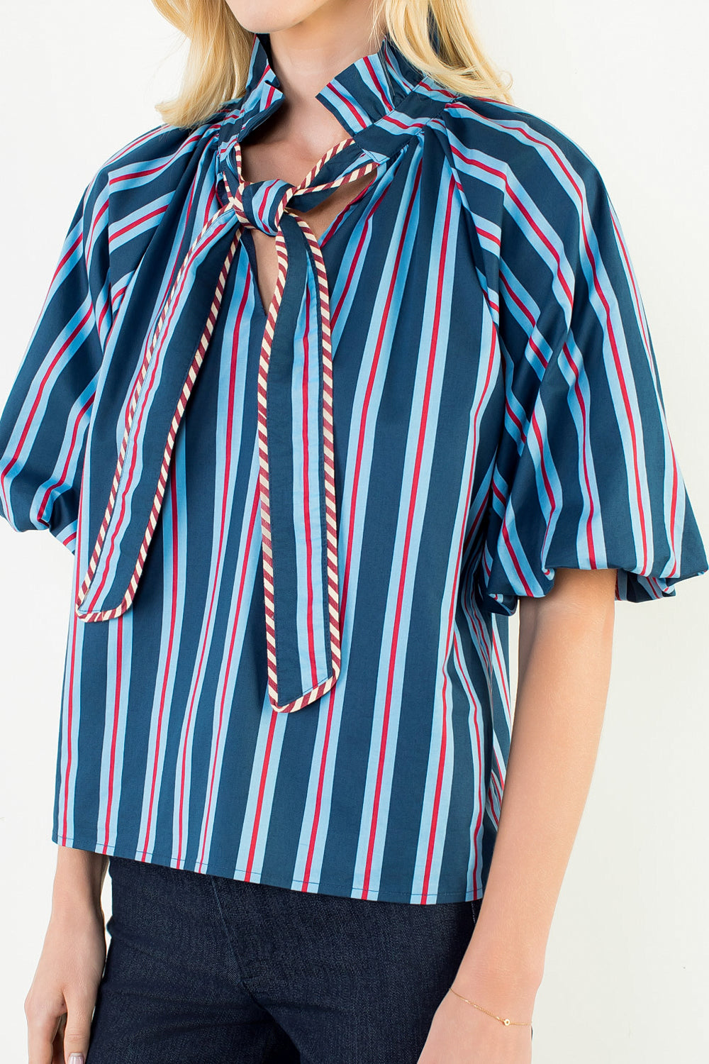 Stripe Puff Sleeve Tie Front