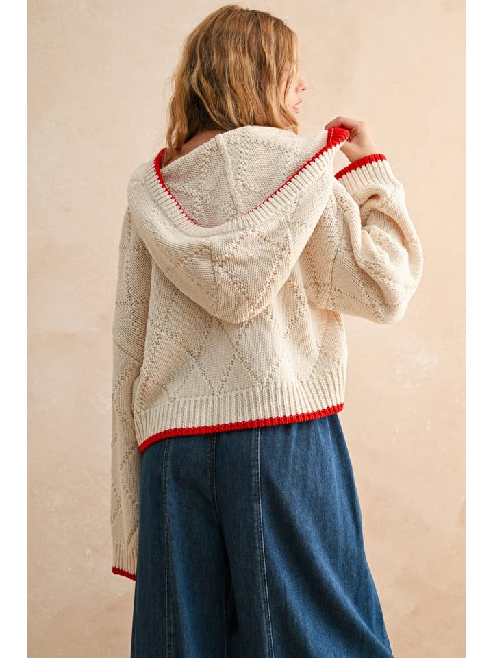 Cream w/red trim button hoodie