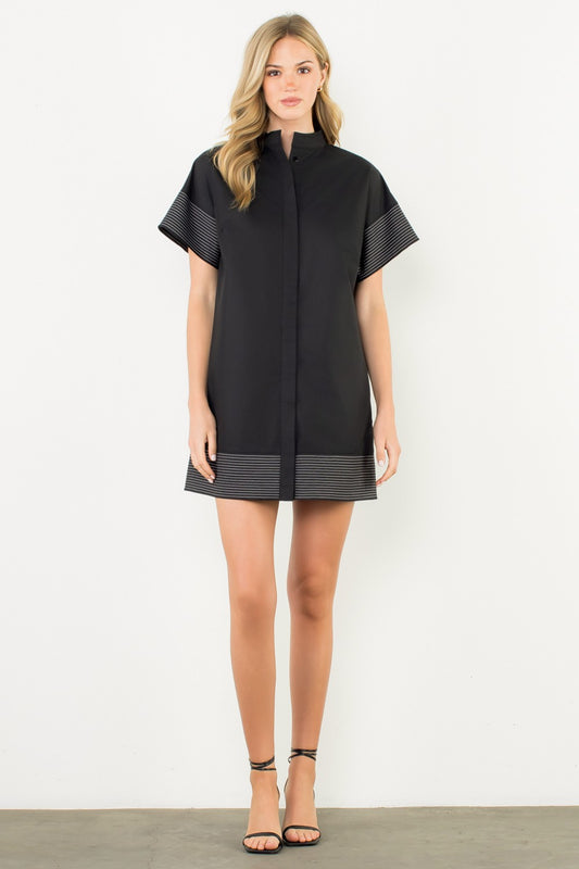 Stripe Trim Short Sleeve Shirt Dress