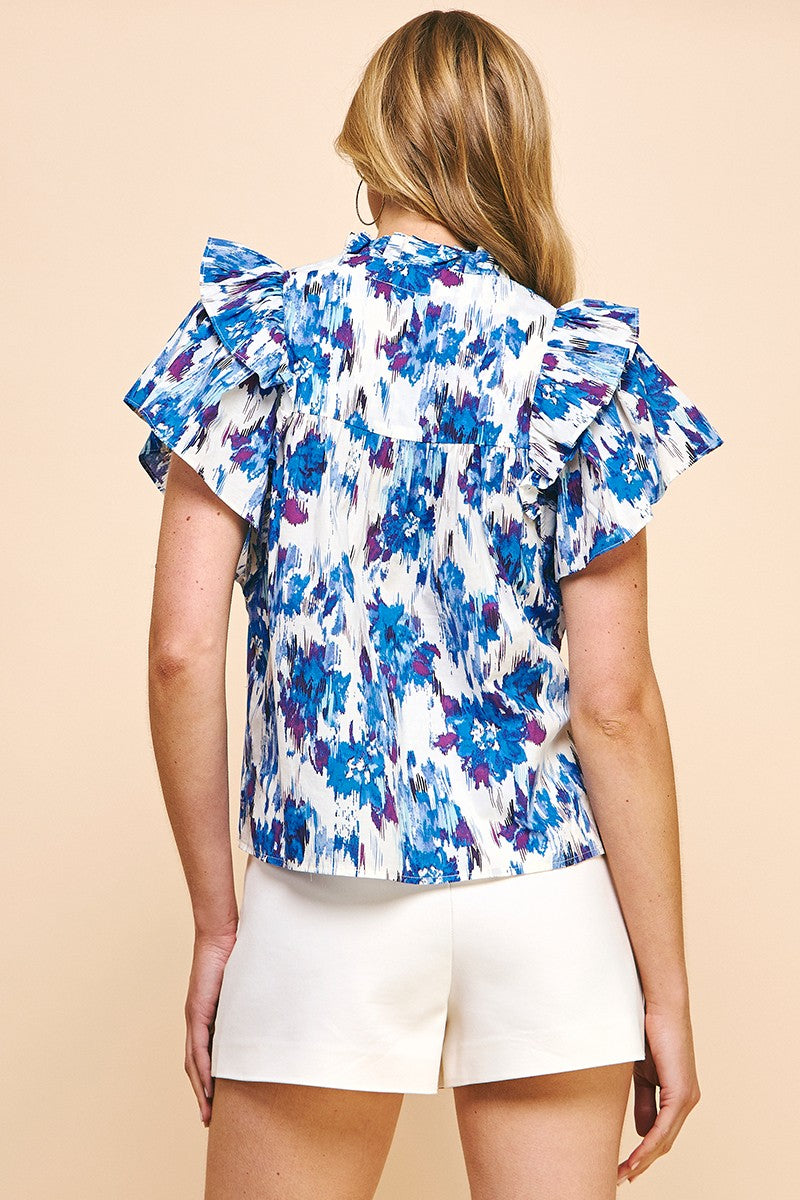 Blue short sleeve woven top